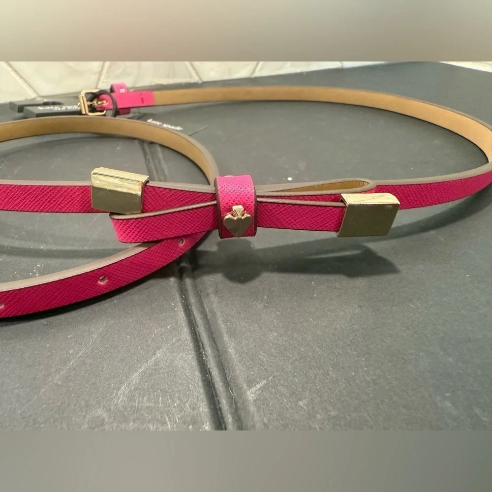 Kate Spade NY Shoestring Bow Leather Belt Large NWT Vivid Pink Gold Tips